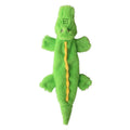 Green plush crocodile dog toy with no stuffing, squeaker in head, crinkle paper in tail, for aggressive chewers