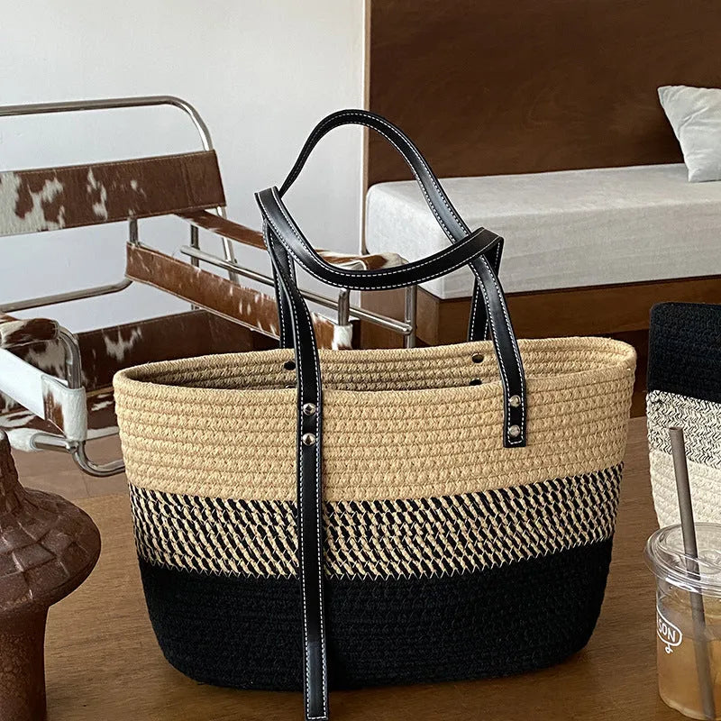 Hand woven oval cotton basket bag with sandwich pocket and double straps in khaki colour