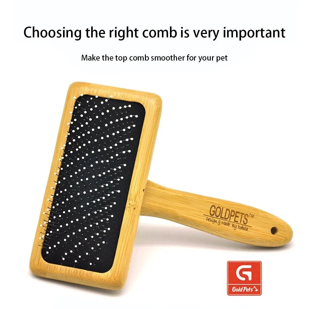 Goldpets bamboo pet grooming slicker brush with stainless steel pins on wooden handle