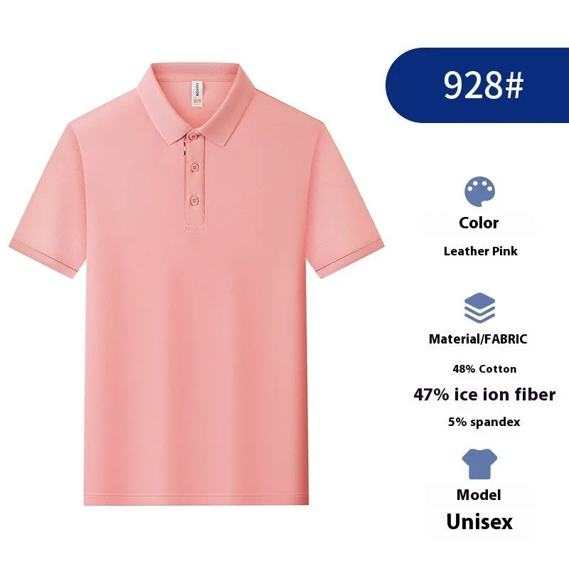 Solid colour catering work polo shirt in ice silk fabric on a hanger, showing short sleeves and regular fit.