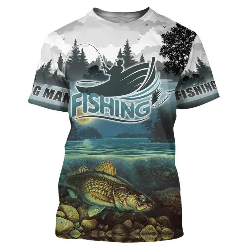 Man wearing a loose-fitting short-sleeve t-shirt with a colourful digital print fishing pattern design.