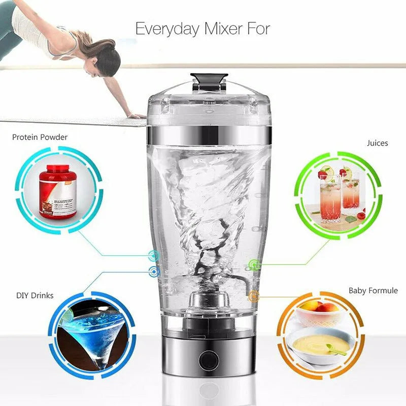 Stainless steel colour USB rechargeable electric shaker bottle with 600ml capacity.