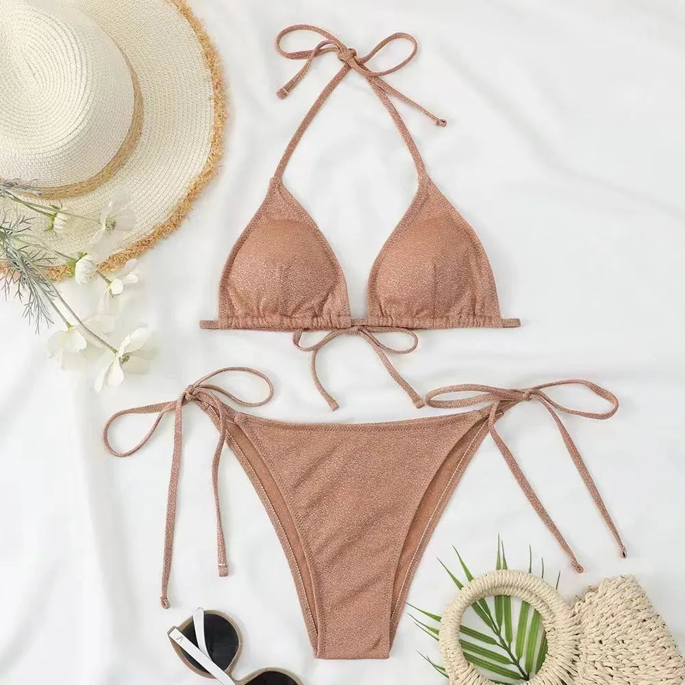 Women's split bandage design bikini swimsuit in polyester fabric with matching top and pants