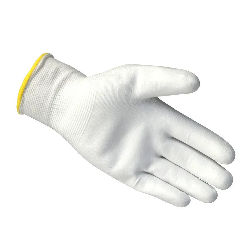 White PU coated work gloves showing durable palm coating and breathable cotton back, sizes L and M.