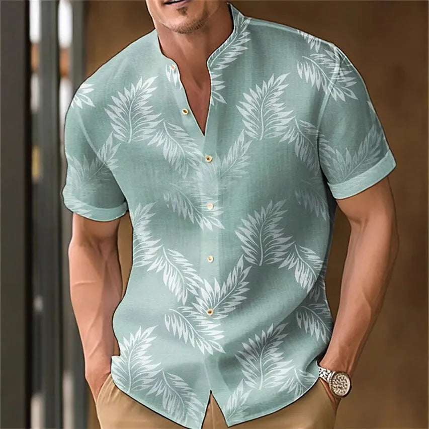 Men's printed casual polyester shirt shown in multiple colour options