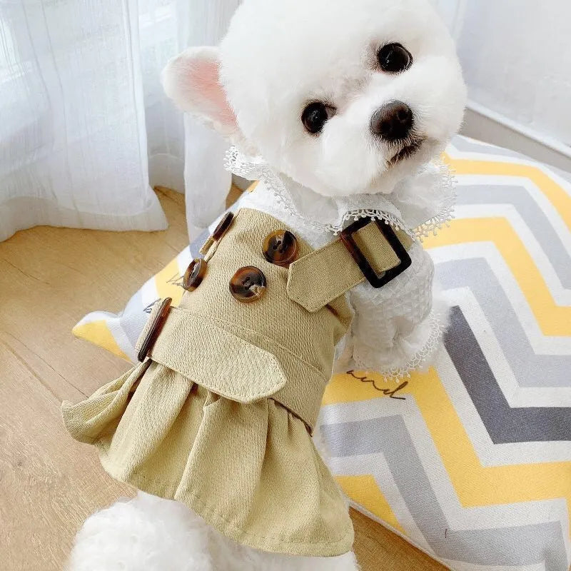 Khaki trench coat and button skirt couple outfit set in polyester fabric, casual style for men and women