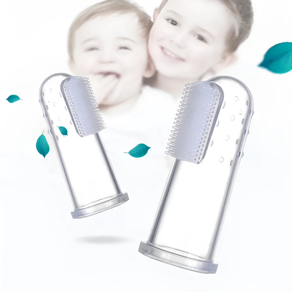 Transparent liquid silicone finger stall baby toothbrush on fingertip for gentle oral cleaning