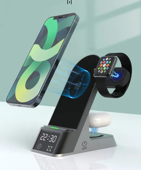 Black six-in-one alarm clock and wireless charging station with digital display and TYPE-C port.