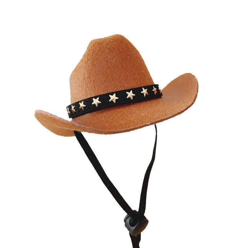 Brown British cowboy hat for a cat on a white background with a black ribbon trim.