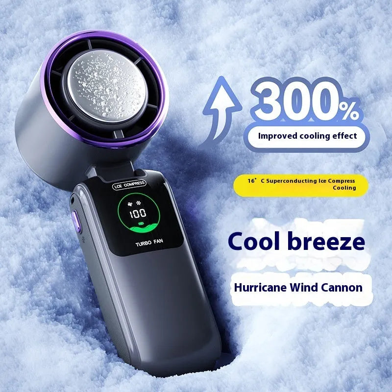 Blue handheld folding electric fan with USB charging port and adjustable speed settings.