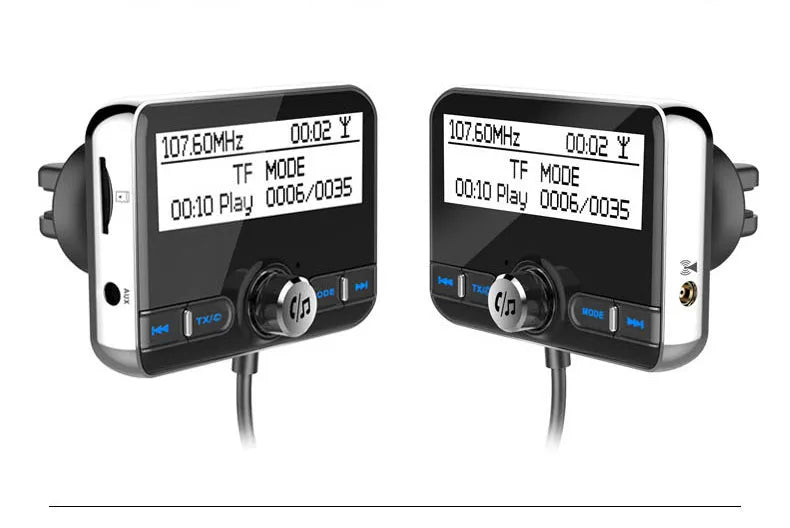 2.4 inch car DAB digital radio adapter with LCD screen and black ABS plastic casing on a car dashboard