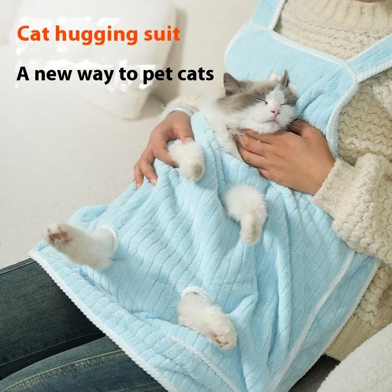 Cat petting apron in cloth material showing colour options including pink, light blue, light purple and striped patterns