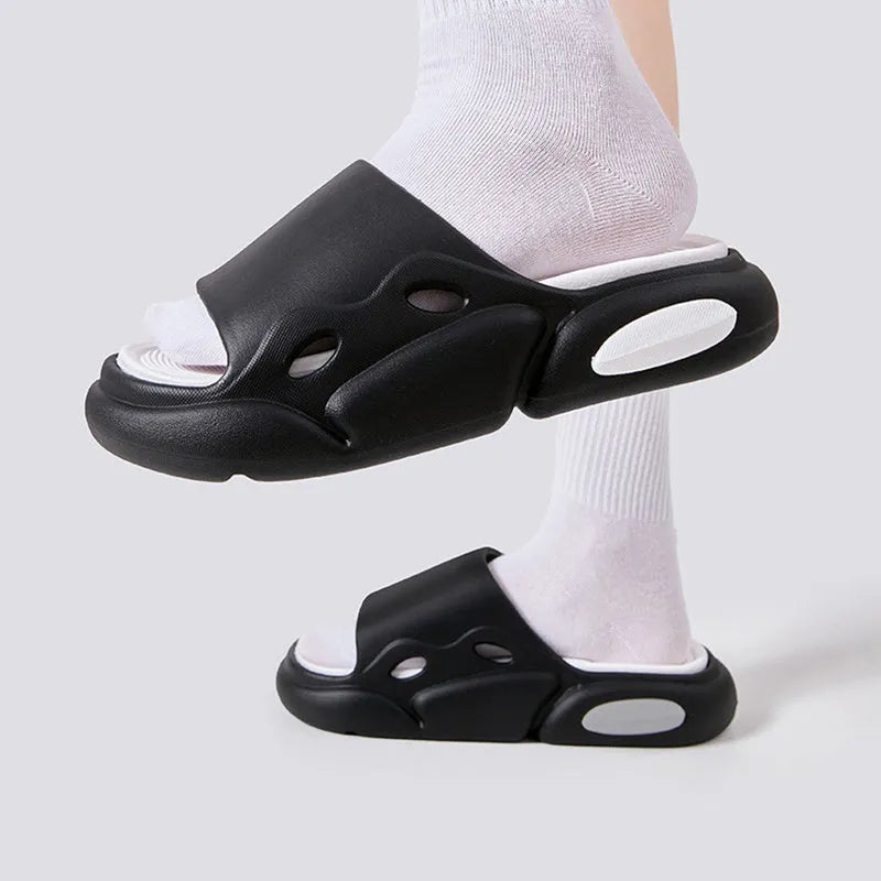 EVA slippers with leather lining in pink purple colour combination showing round toe shape