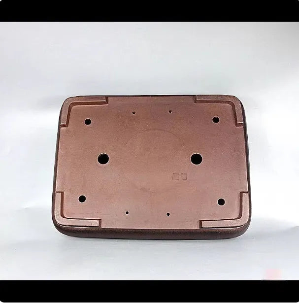 Handmade antique rectangular purple clay flower pot showing its size and natural colour.