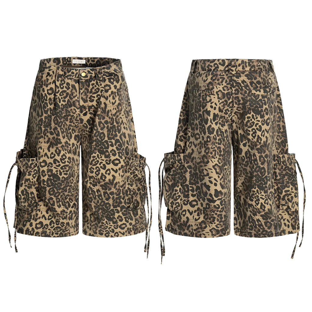 Women's high waist cotton leopard print cropped pants with button front cardigan opening