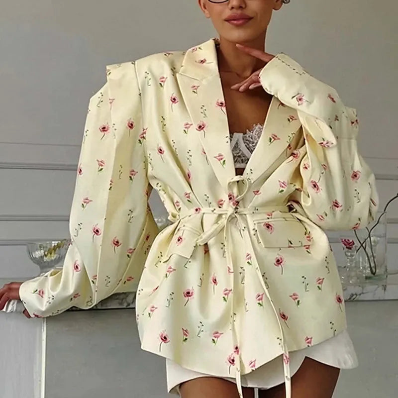 Women's collar lace-up waist-tight suit jacket in polyester, shown in apricot colour on a model.