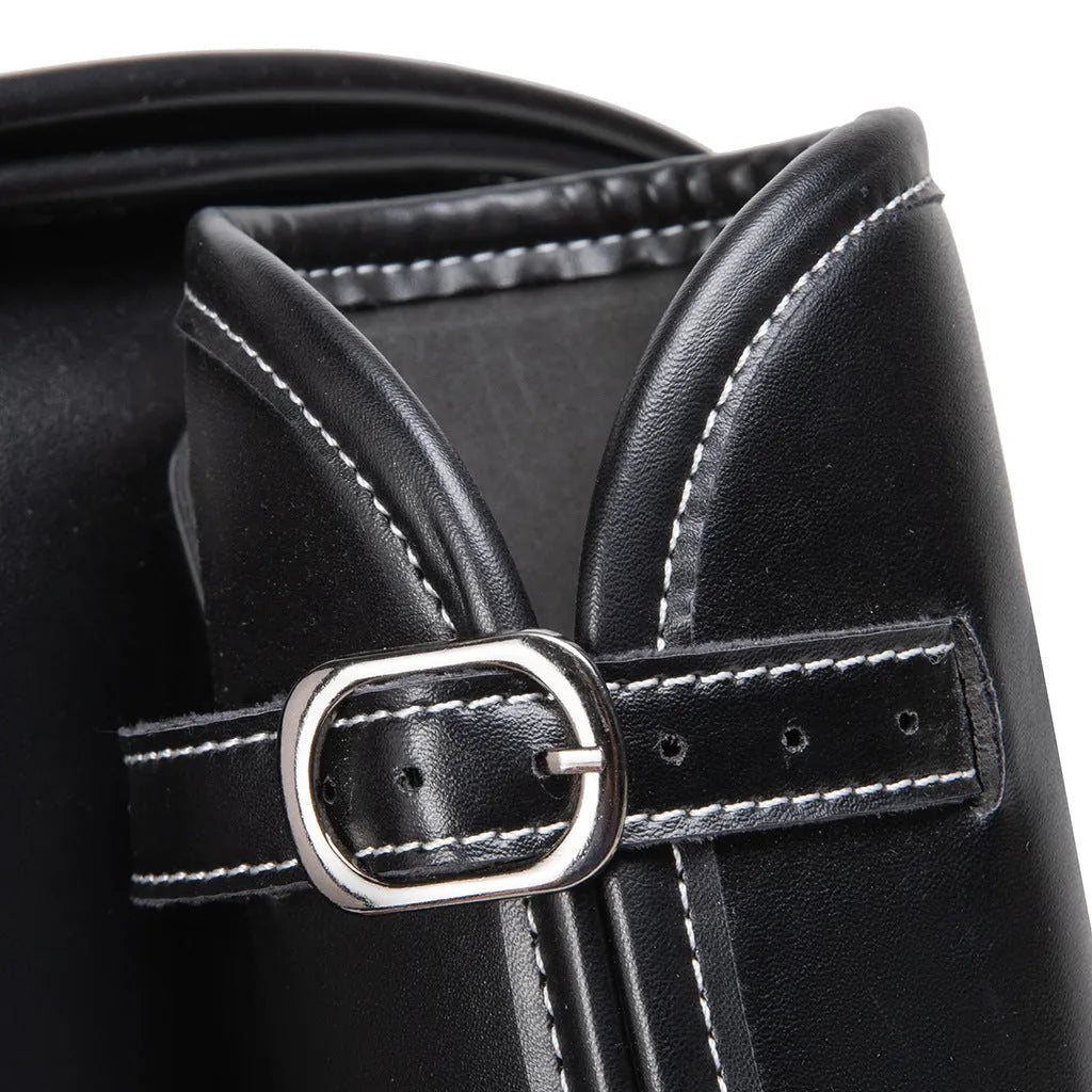 Motorcycle side bag with coded lock in dark punk style mounted on bike