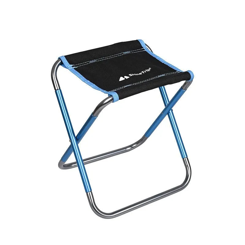 Black folding camping stool with an aluminium alloy frame, shown in a folded and unfolded state.
