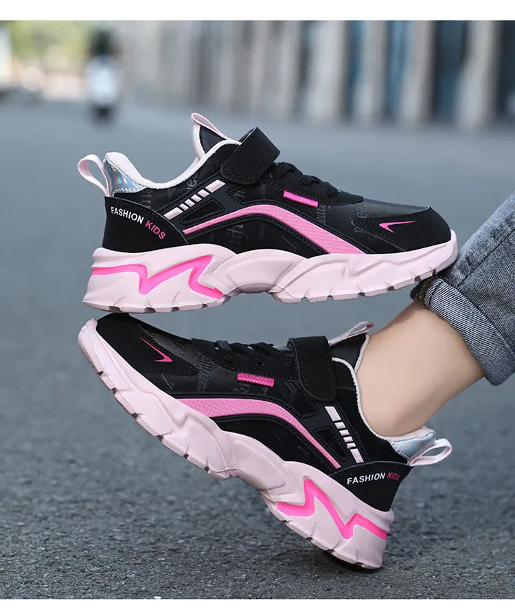 Waterproof leather girls casual sneaker with MD sole, pink leather surface and white letter pattern