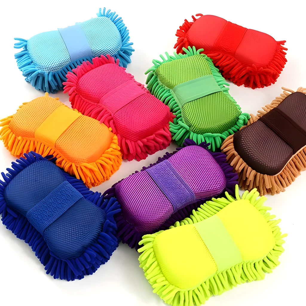 Silver green car wash sponge measuring 14x25cm with spiral chenille construction for vehicle cleaning