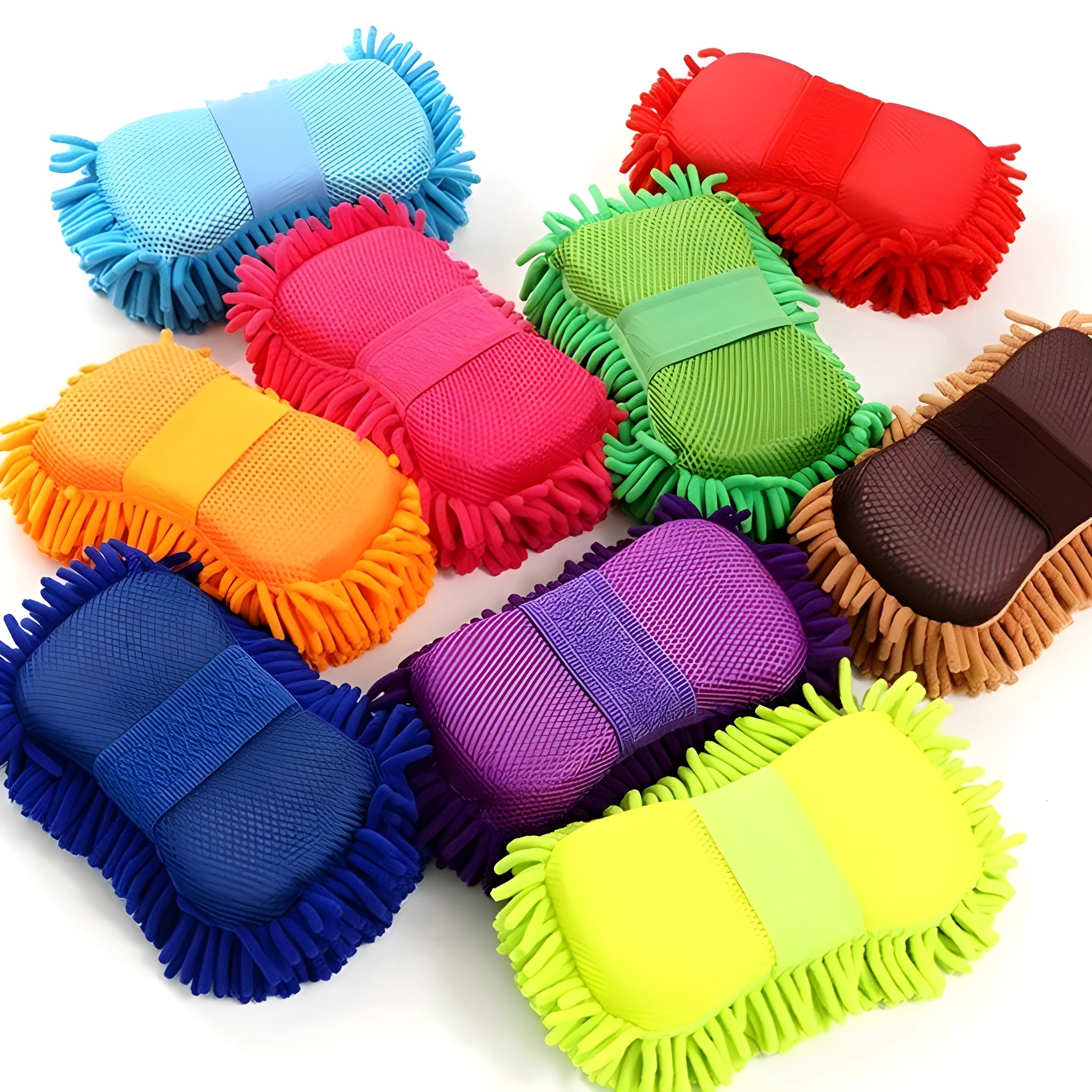 Silver green car wash sponge measuring 14x25cm with spiral chenille construction for vehicle cleaning