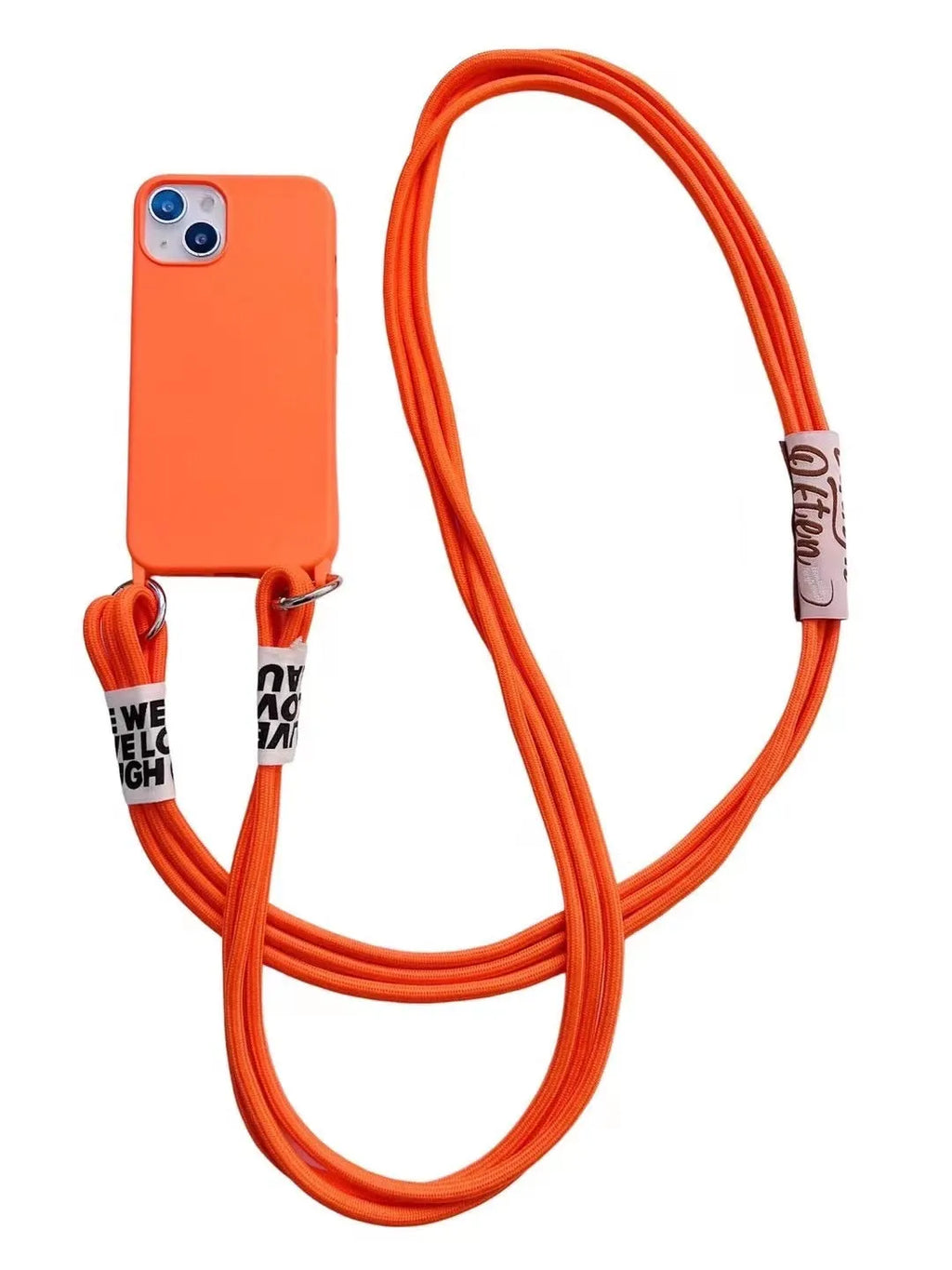 Diagonal lanyard soft TPU phone case for iPhone 13 in blue with grey neck strap on a white background
