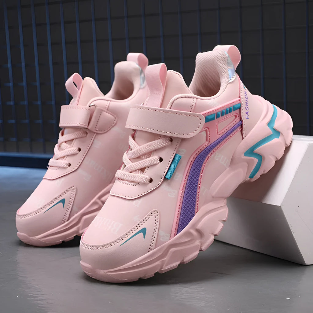 Waterproof leather girls casual sneaker with MD sole, pink leather surface and white letter pattern