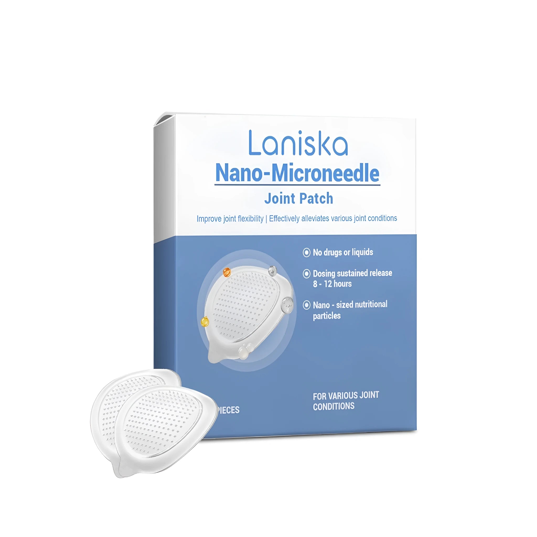 Nano-microneedle joint patch package showing four adhesive patches with herbal ingredients