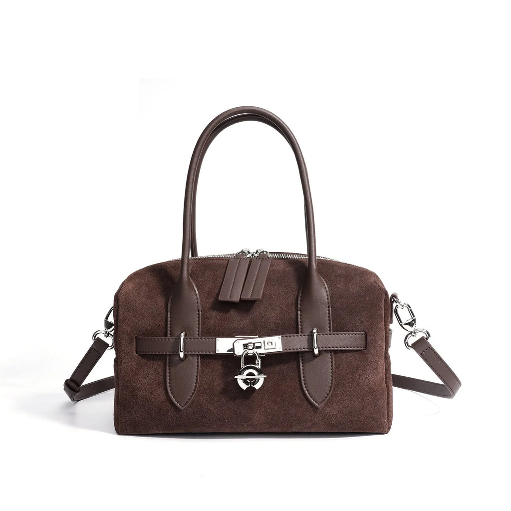 Genuine leather colour-block shoulder bag in mocha and brown with suede finish, horizontal square shape