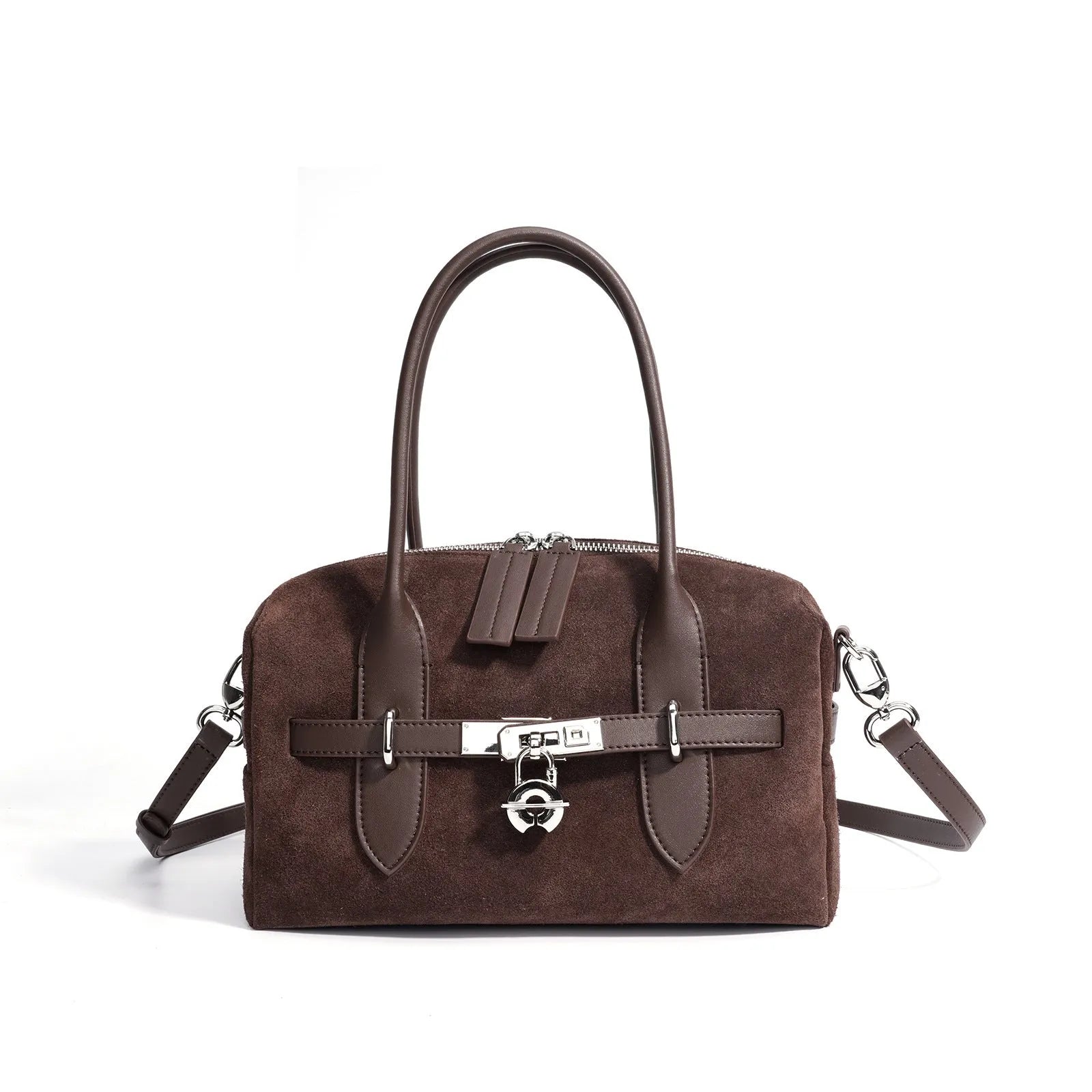 Genuine leather colour-block shoulder bag in mocha and brown with suede finish, horizontal square shape