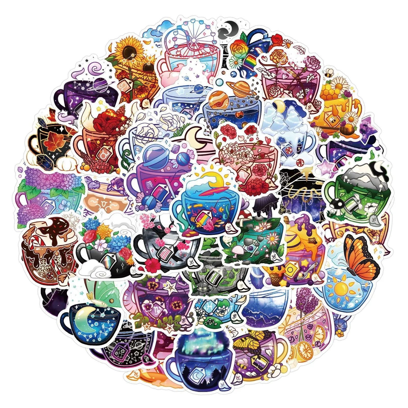 Colourful tea cup graffiti design waterproof stickers, 50-piece pack for luggage and scooter customisation.