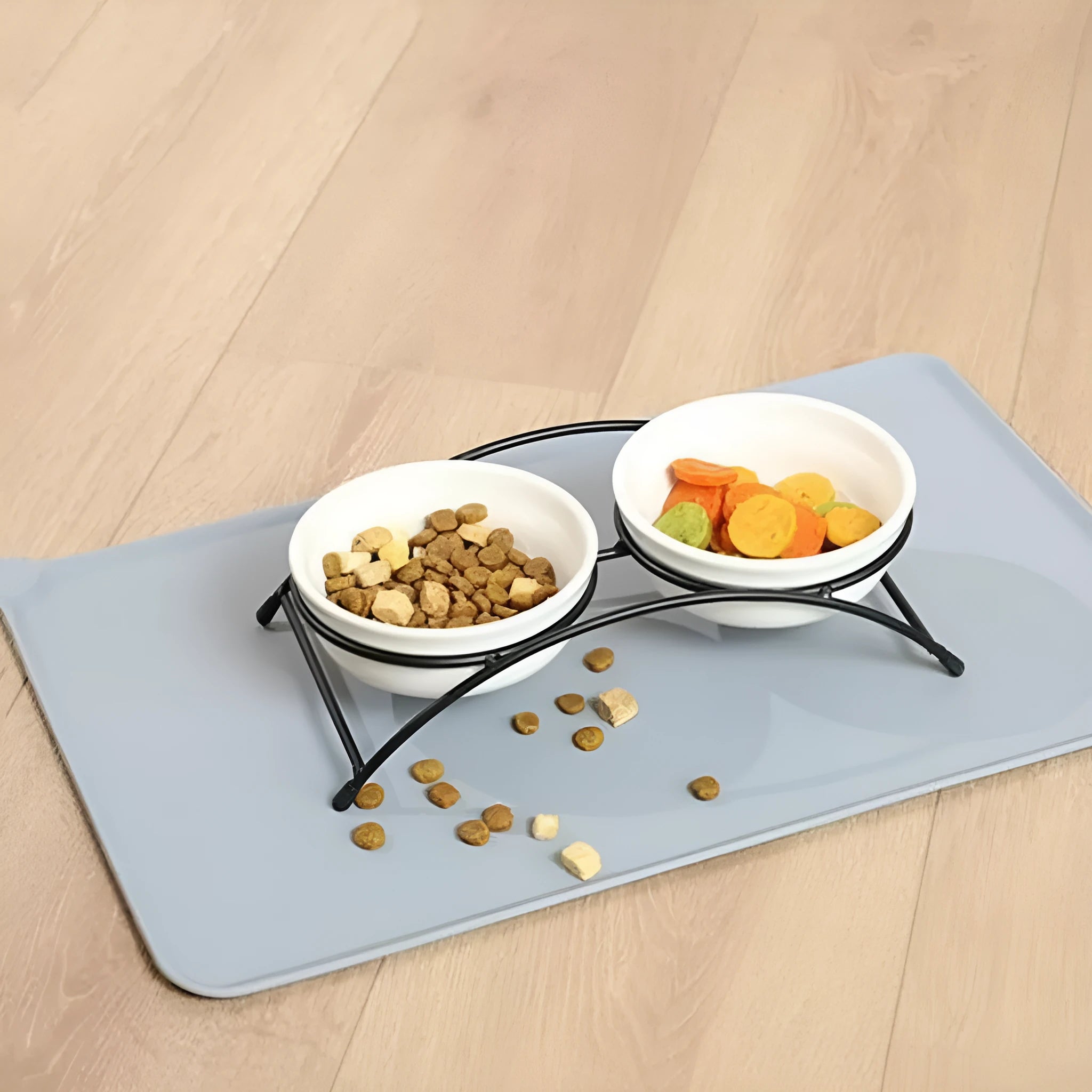 Silicone pet feeding placemat in blue colour under a dog bowl