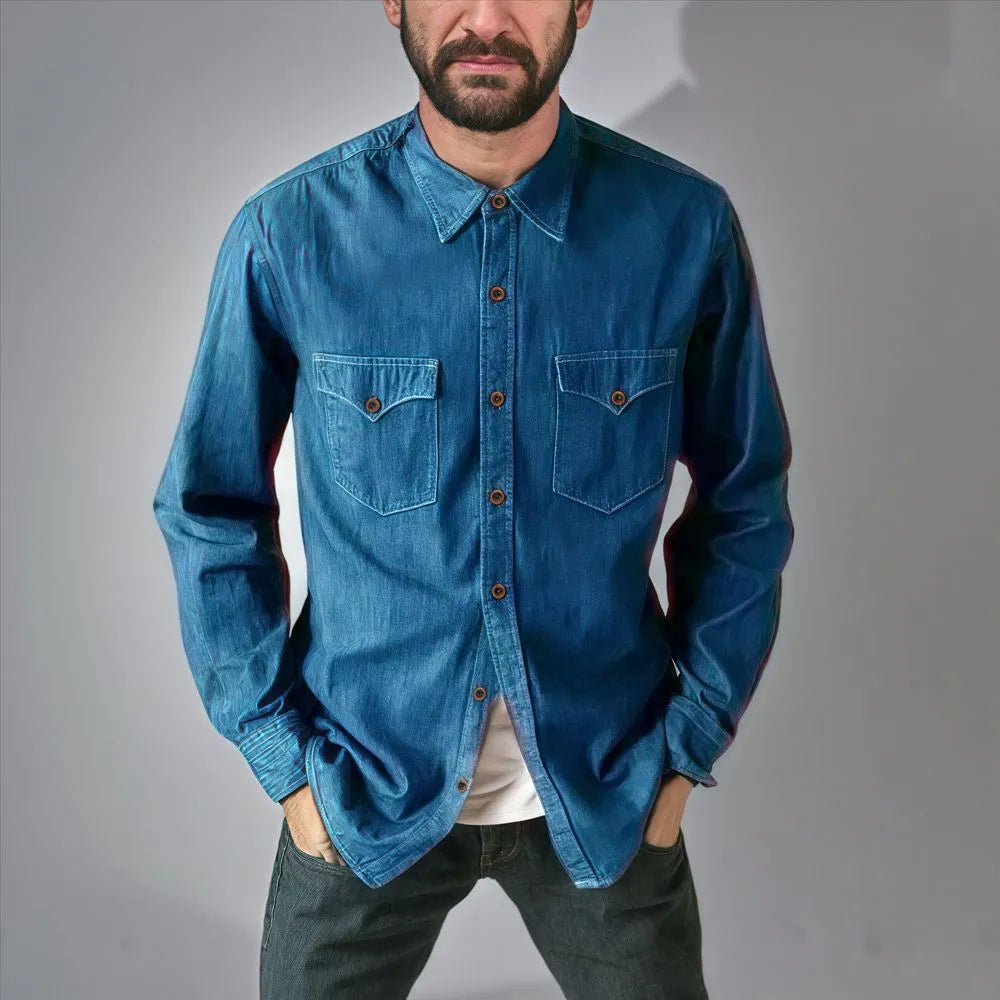 A regular-fit denim cardigan coat in khaki hanging on a rail.