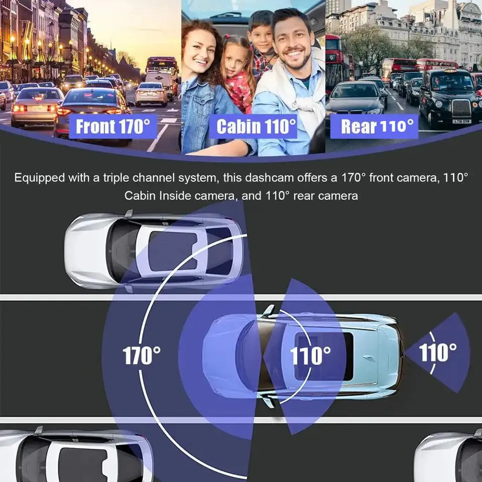 Black 3 lens video driving recorder for car windscreen with 3-inch screen