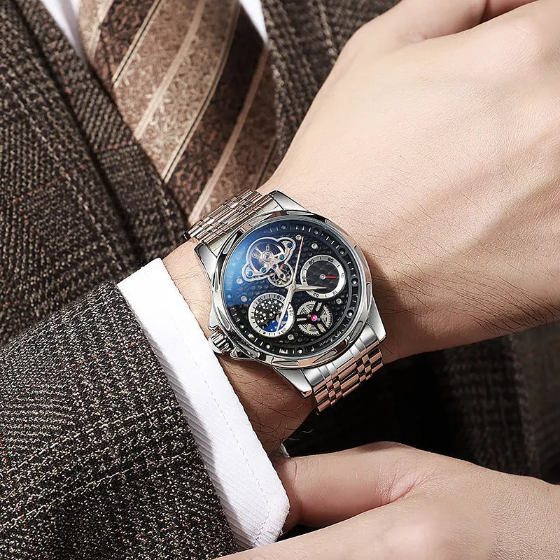 Men's automatic waterproof watch with luminous hands on a stainless steel bracelet.