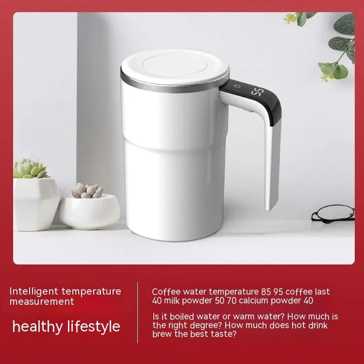 White automatic stirring electric mug with LCD temperature display and USB charging cable
