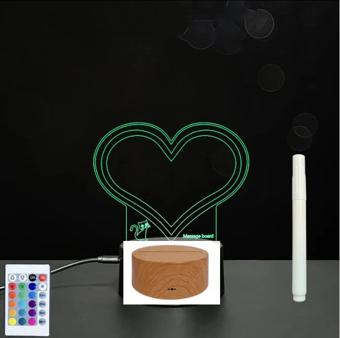 3D acrylic LED message board with touch control, black ABS base, USB cable, and stylus pen on desk
