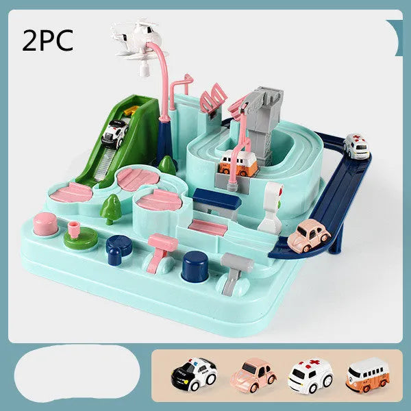 Big Adventure plastic toy set with multi-level parking garage, car tracks, and toy vehicles laid out for play.