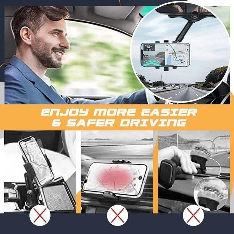 Black rearview mirror car phone holder with retractable arm and 360-degree rotating phone clamp.