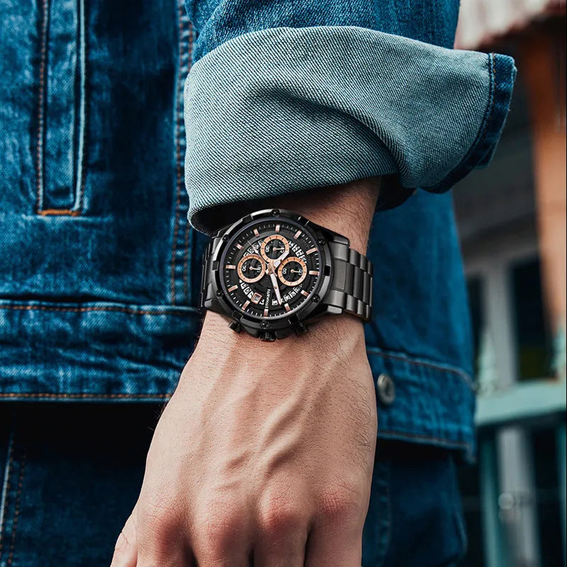 Men's waterproof quartz watch with luminous hands and stainless steel band in three colour variations.