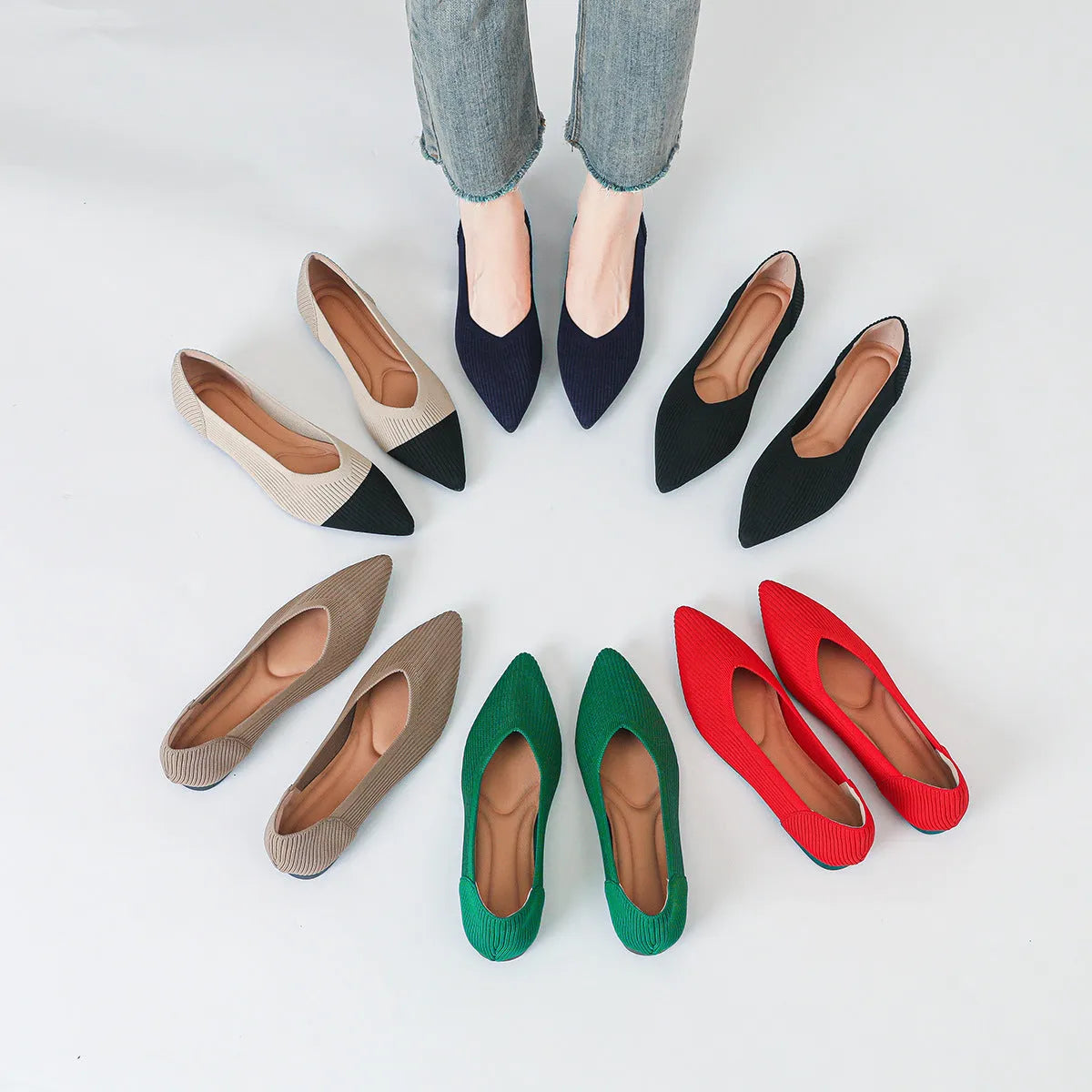 Women's apricot knit pointed flat pumps with a shallow mouth and rubber sole.