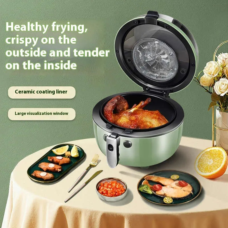 Large 8-litre capacity air fryer oven with mechanical dial controls and a removable nano-ceramic coated cooking pot