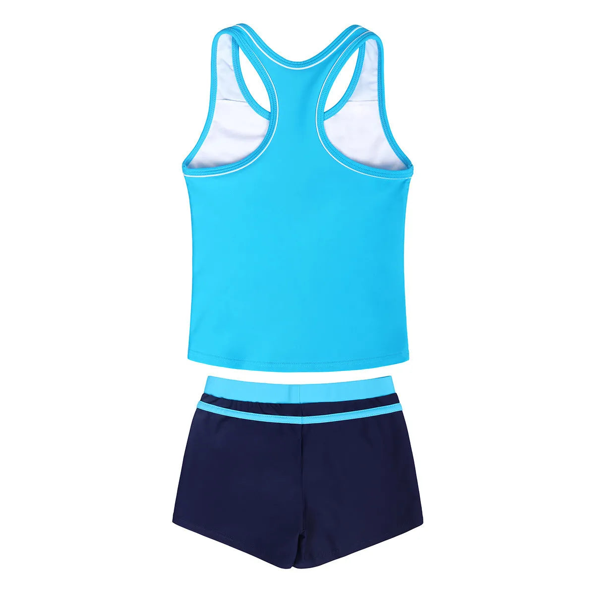 Girls' blue two-piece swimsuit set with chest pad top and boxer shorts, laid flat