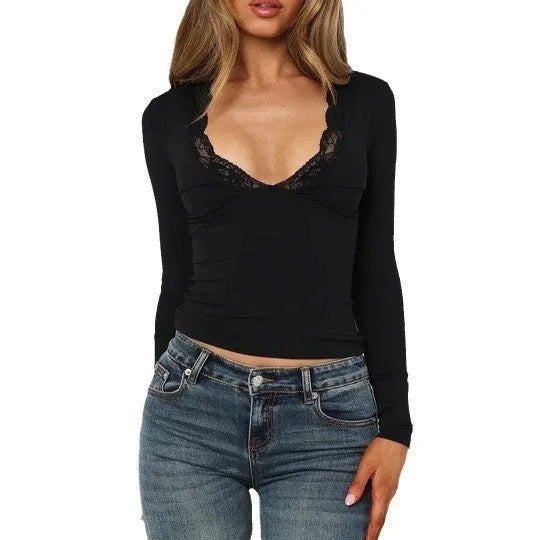 Women's slim fit pullover top with lace flower shoulder detailing in black or wine red