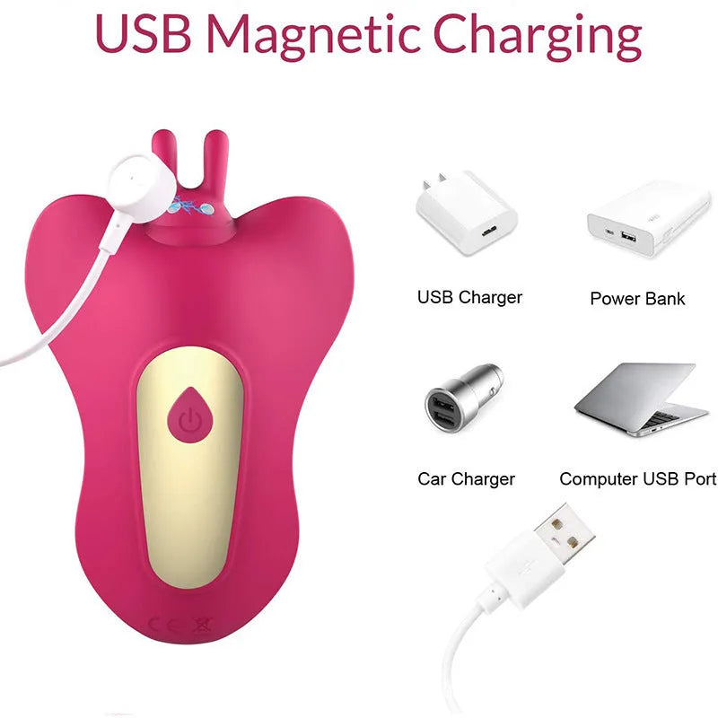 Remote control wearable butterfly vibrator made from silicone, available in purple and red colours