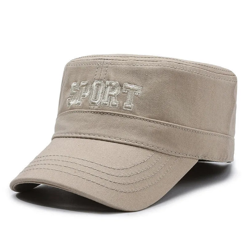 Men's flat-top peaked cotton cap in army green with an adjustable strap and dome crown.