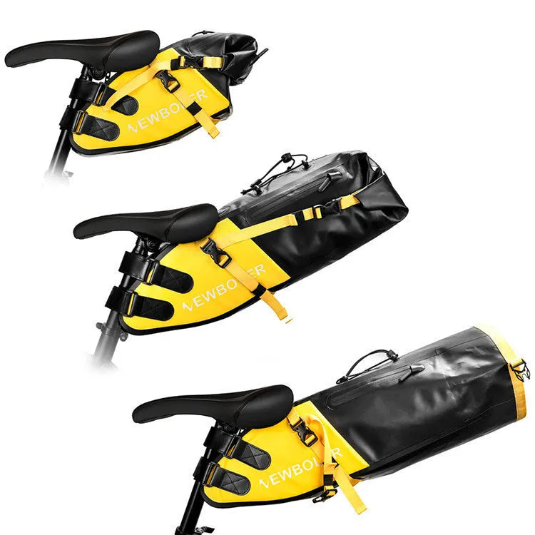 Yellow waterproof PVC bicycle tail bag mounted on a bike rack, showing its 58cm length and large main compartment.