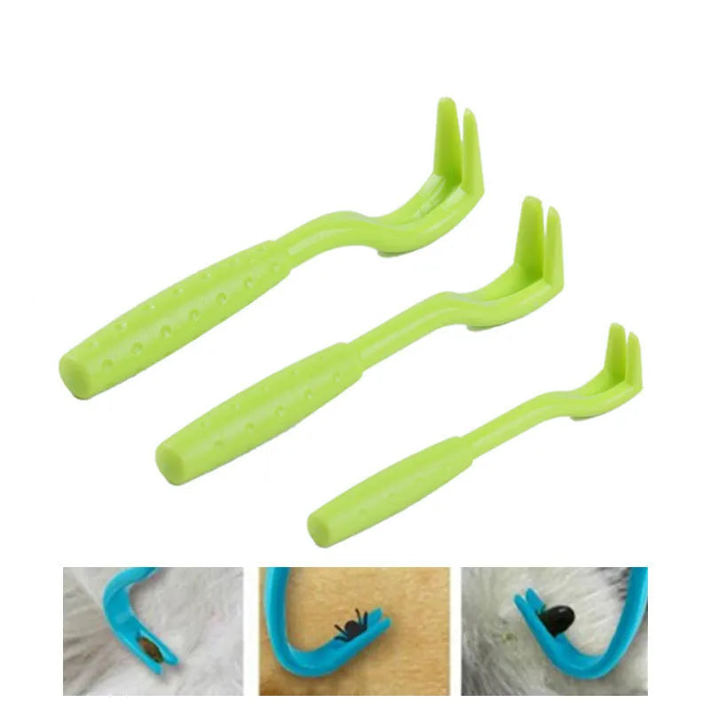 Three plastic pet tick removal hooks in blue and green colours for dog and cat parasite elimination