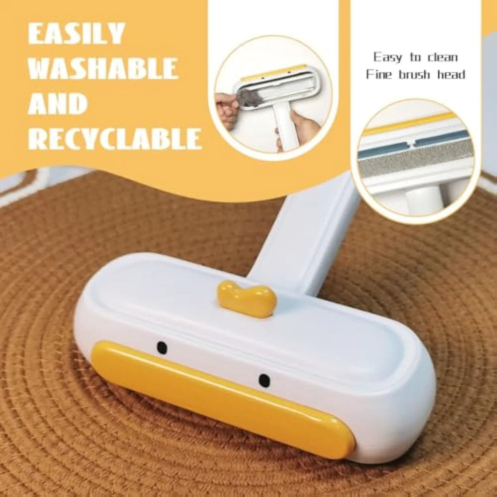Yellow duck design portable pet hair remover tool with reusable cartridge.