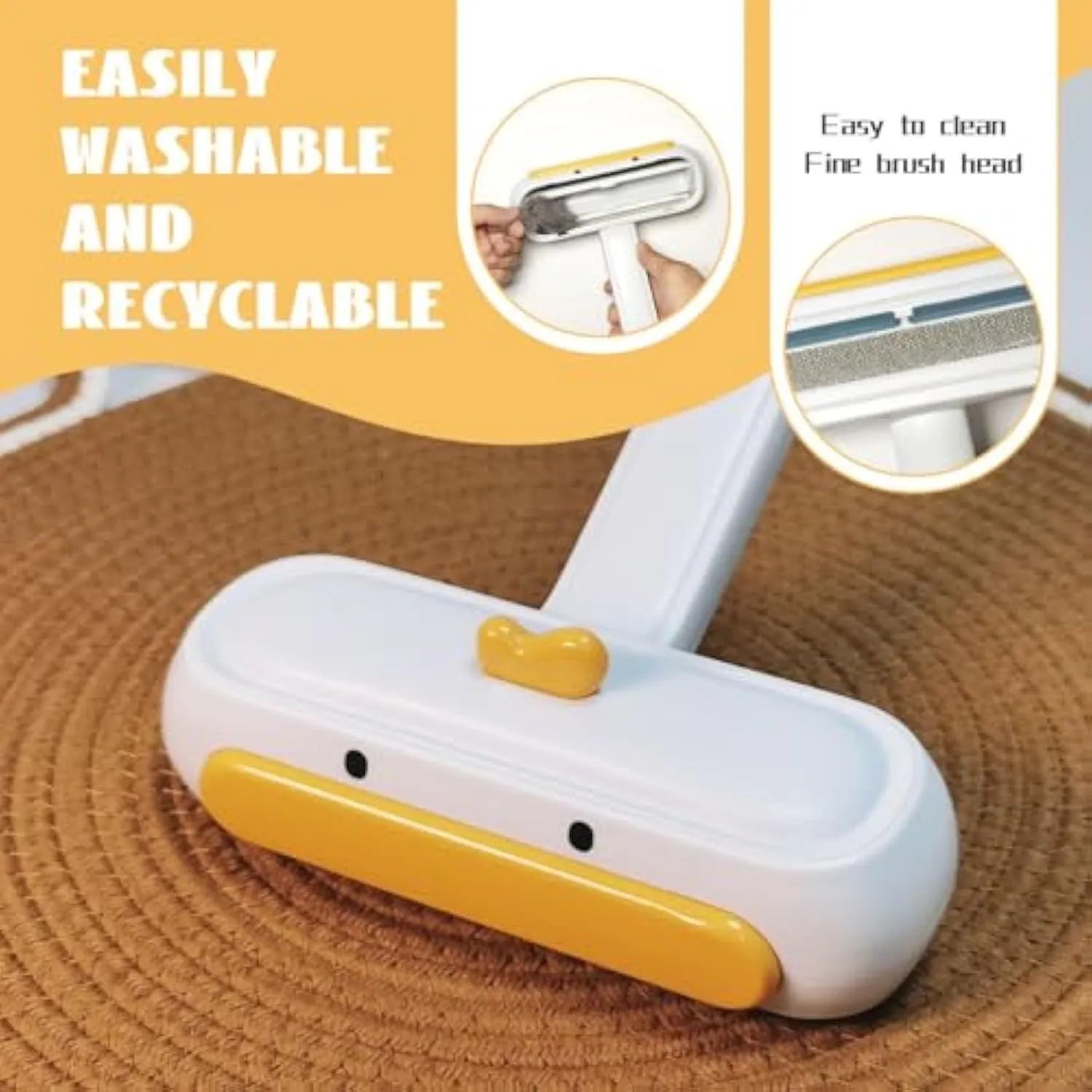 Yellow duck design portable pet hair remover tool with reusable cartridge.